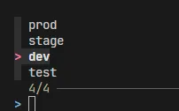 An fzf picker listing the valid environments, with the user filtering down to one